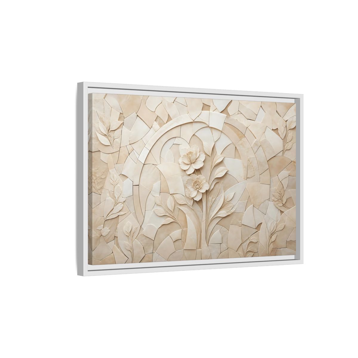 Side Mockup 1. Floral Flowers Beige Floral shown as stretched canvas wall art