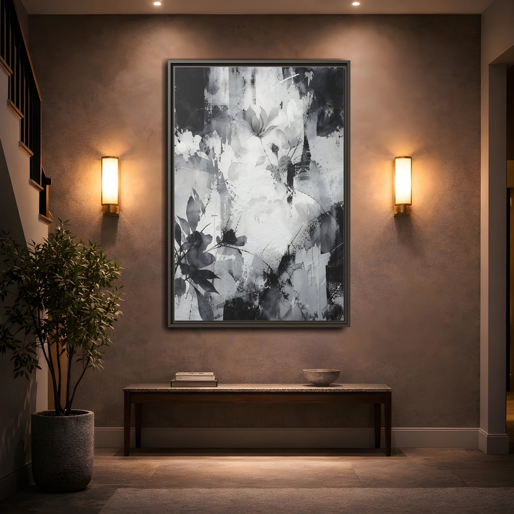 Mockup 2. Floral Flowers Black And White Floral shown as stretched canvas wall art