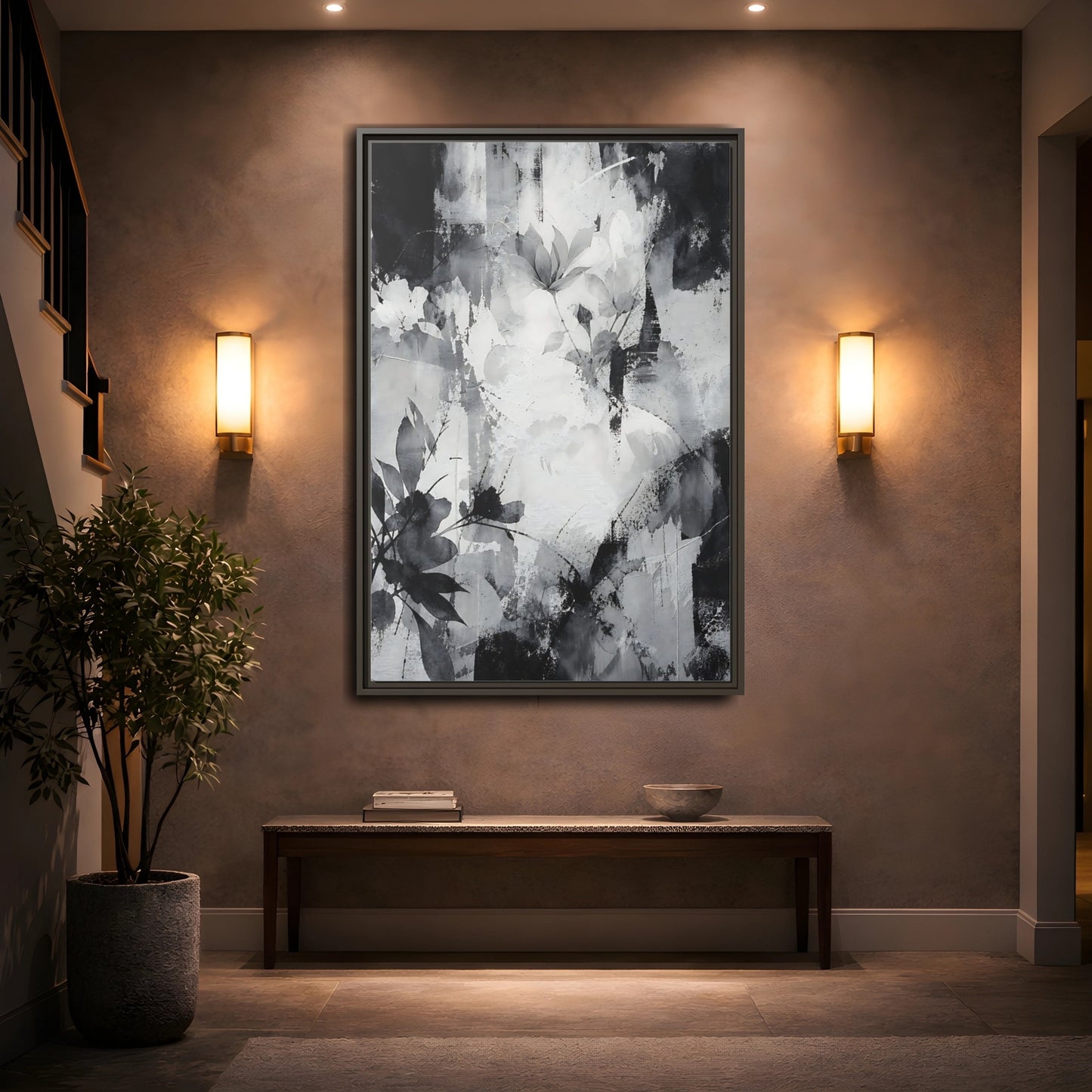 Mockup 2. Floral Flowers Black And White Floral shown as stretched canvas wall art