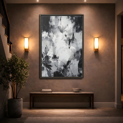 Mockup 2. Floral Flowers Black And White Floral shown as stretched canvas wall art