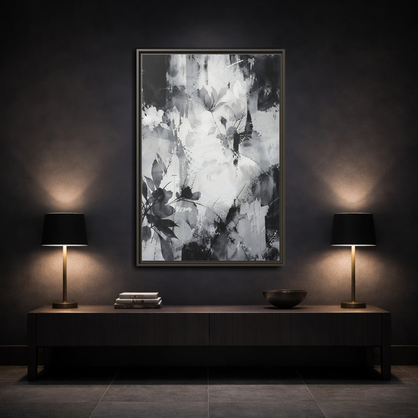 Mockup 3. Floral Flowers Black And White Floral shown as stretched canvas wall art