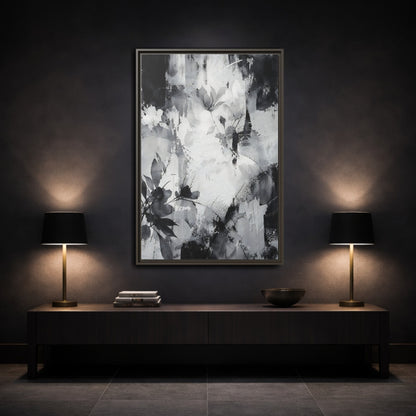 Mockup 3. Floral Flowers Black And White Floral shown as stretched canvas wall art