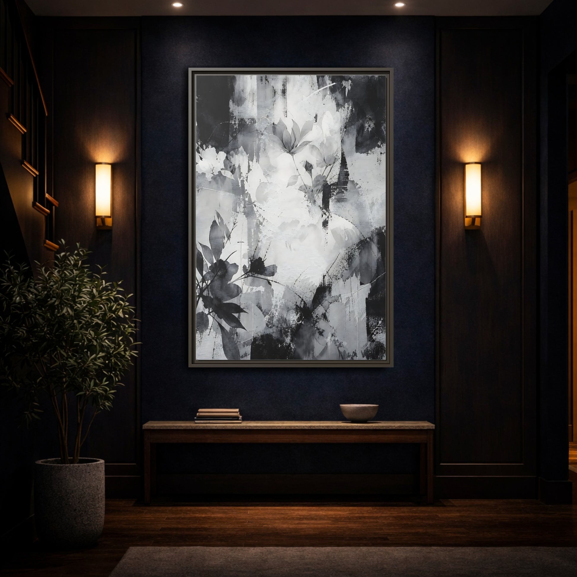 Mockup 4. Floral Flowers Black And White Floral shown as stretched canvas wall art