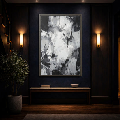 Mockup 4. Floral Flowers Black And White Floral shown as stretched canvas wall art
