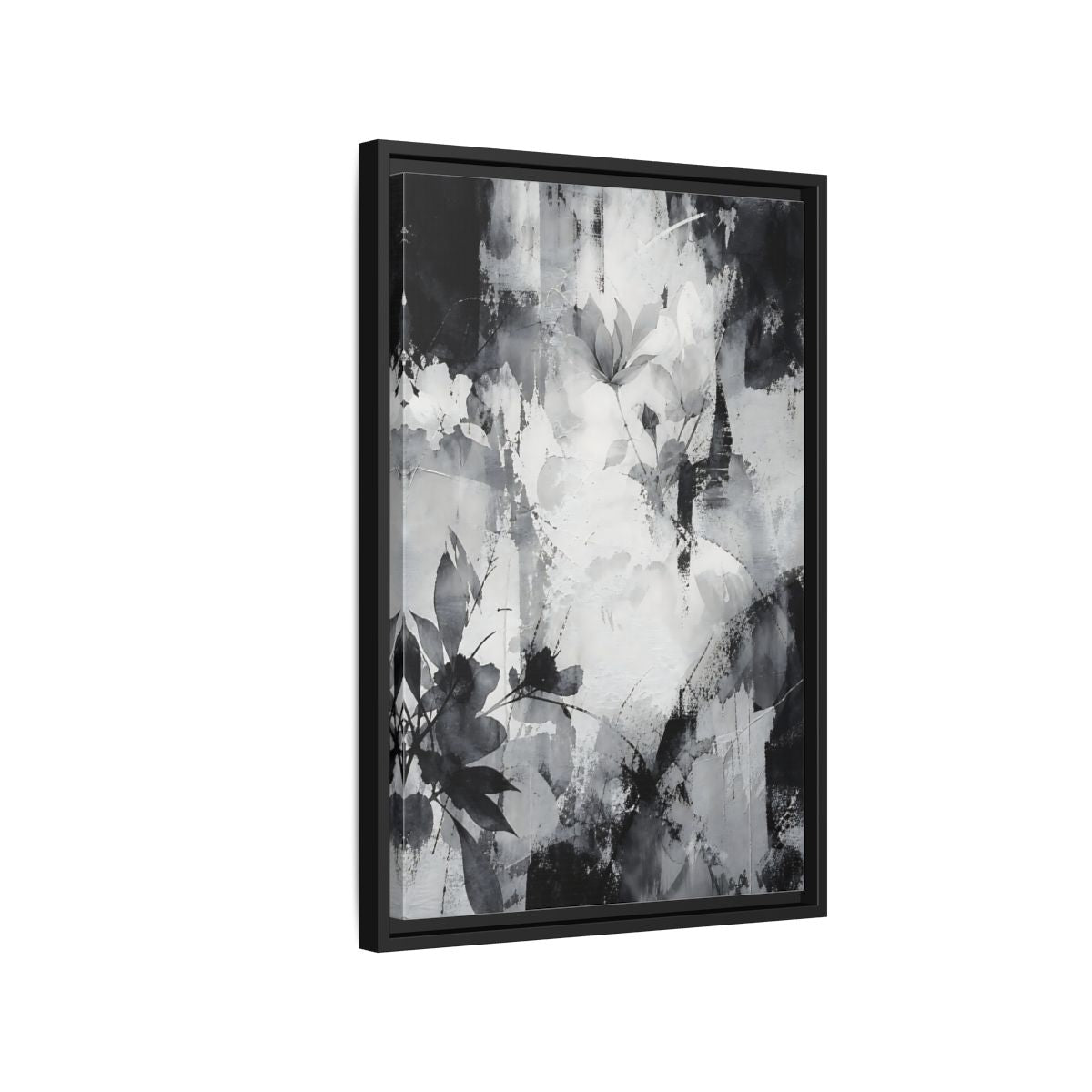 Side Mockup 3. Floral Flowers Black And White Floral shown as stretched canvas wall art