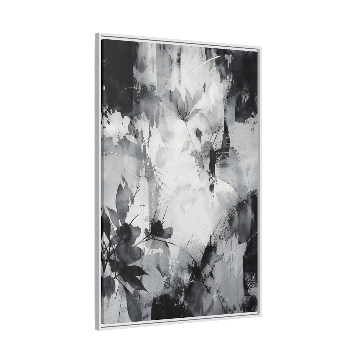 Side Mockup 7. Floral Flowers Black And White Floral shown as stretched canvas wall art