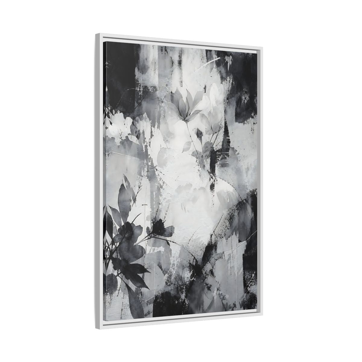 Side Mockup 9. Floral Flowers Black And White Floral shown as stretched canvas wall art