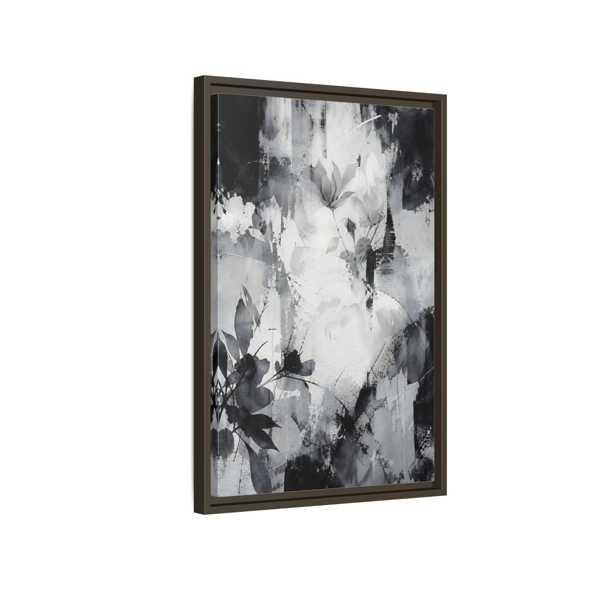 Side Mockup 2. Floral Flowers Black And White Floral shown as stretched canvas wall art