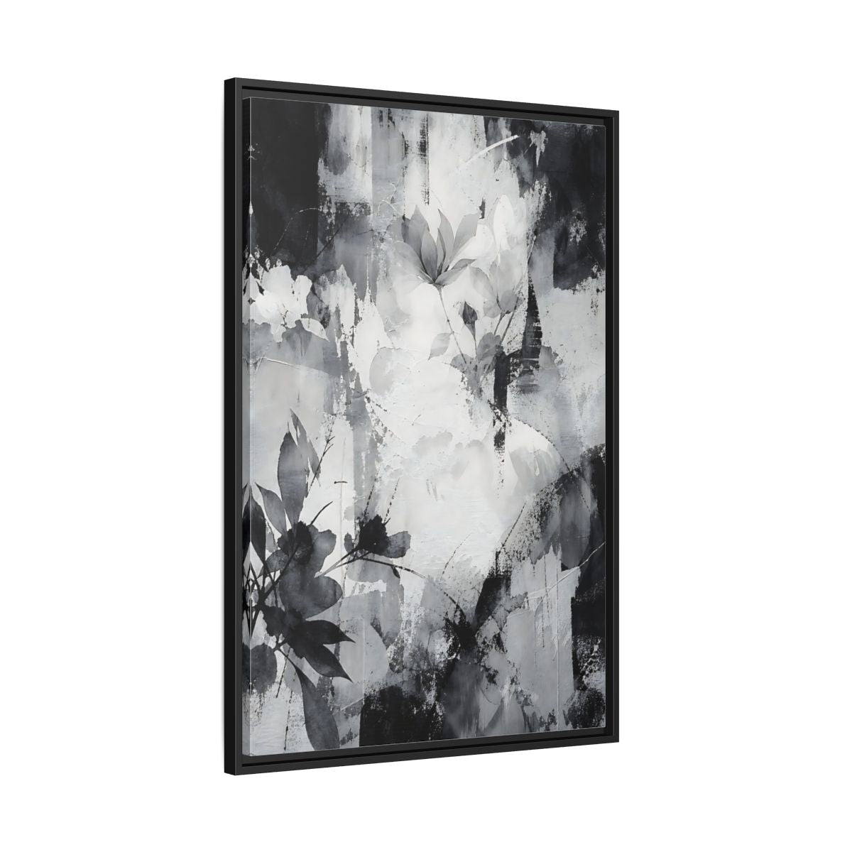 Side Mockup 13. Floral Flowers Black And White Floral shown as stretched canvas wall art
