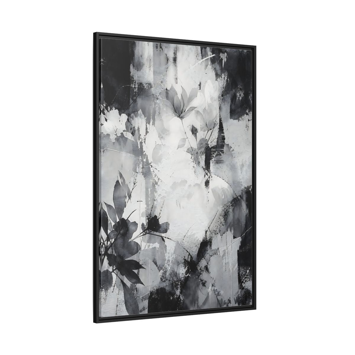 Side Mockup 12. Floral Flowers Black And White Floral shown as stretched canvas wall art