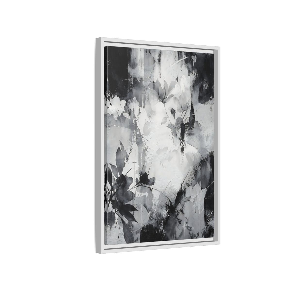 Side Mockup 1. Floral Flowers Black And White Floral shown as stretched canvas wall art