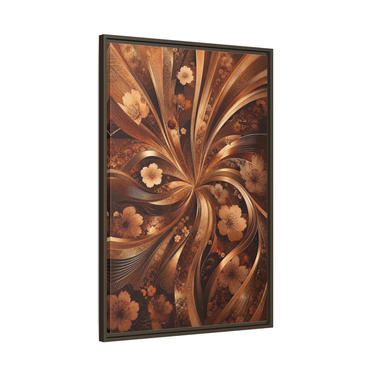 Main Mockup. Floral Flowers Brown Gold Floral shown as stretched canvas wall art