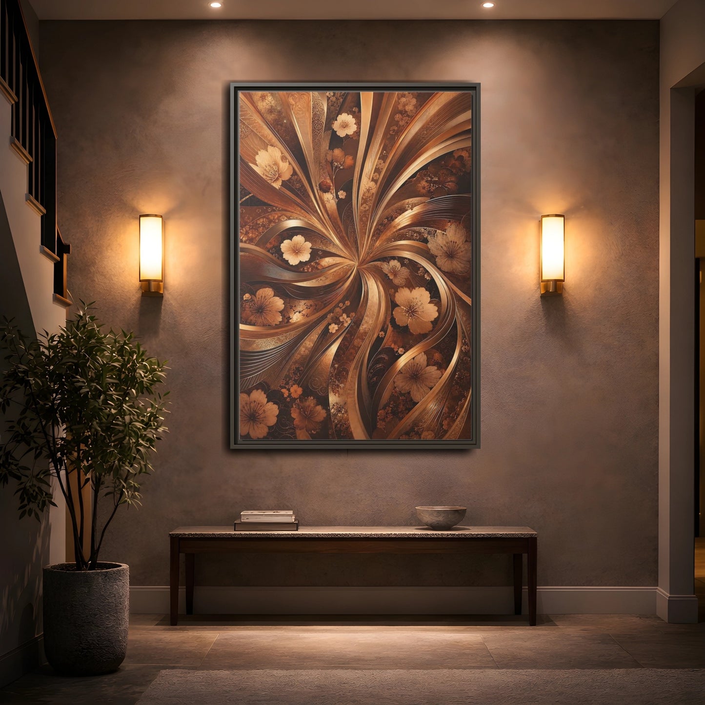 Mockup 2. Floral Flowers Brown Gold Floral shown as stretched canvas wall art