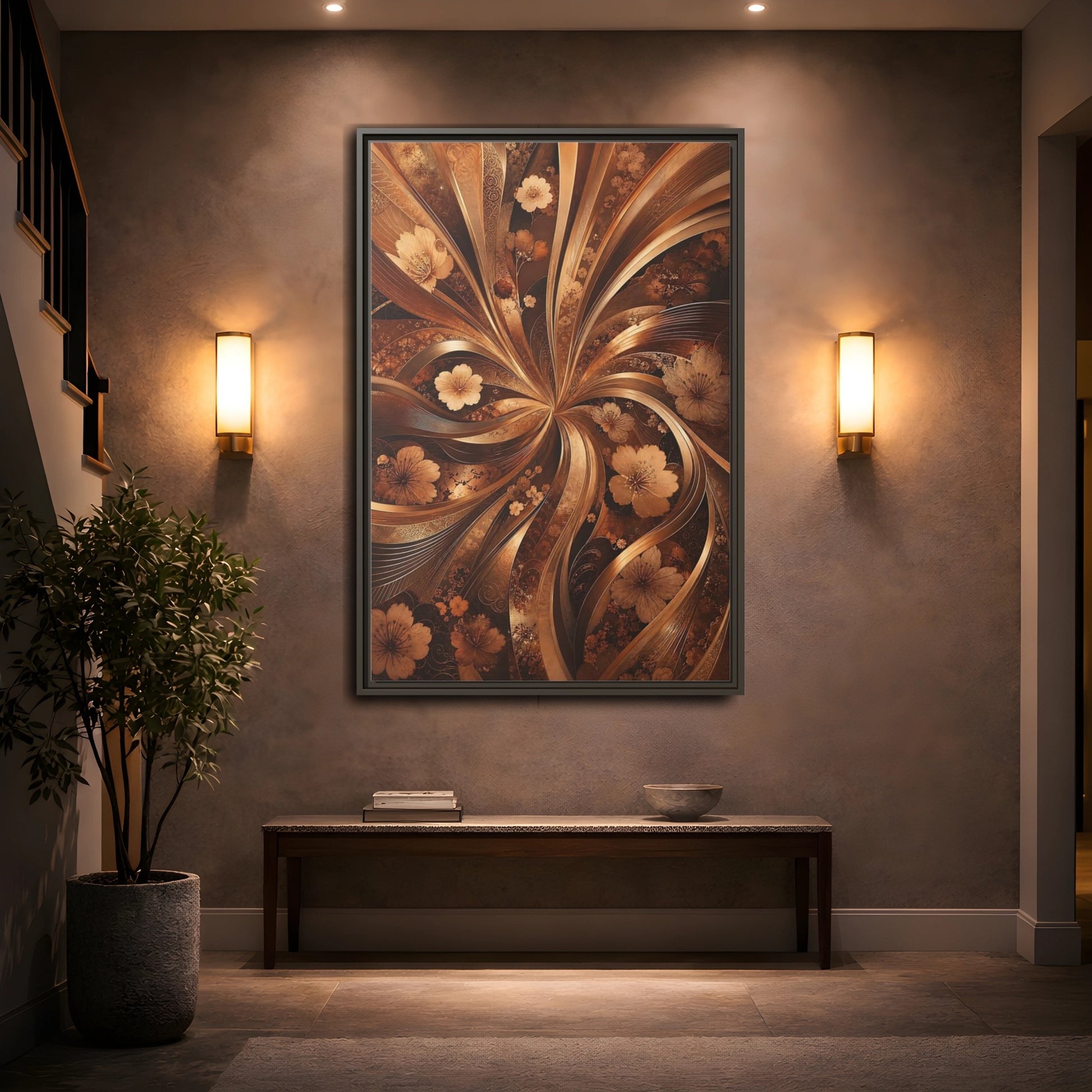 Mockup 2. Floral Flowers Brown Gold Floral shown as stretched canvas wall art