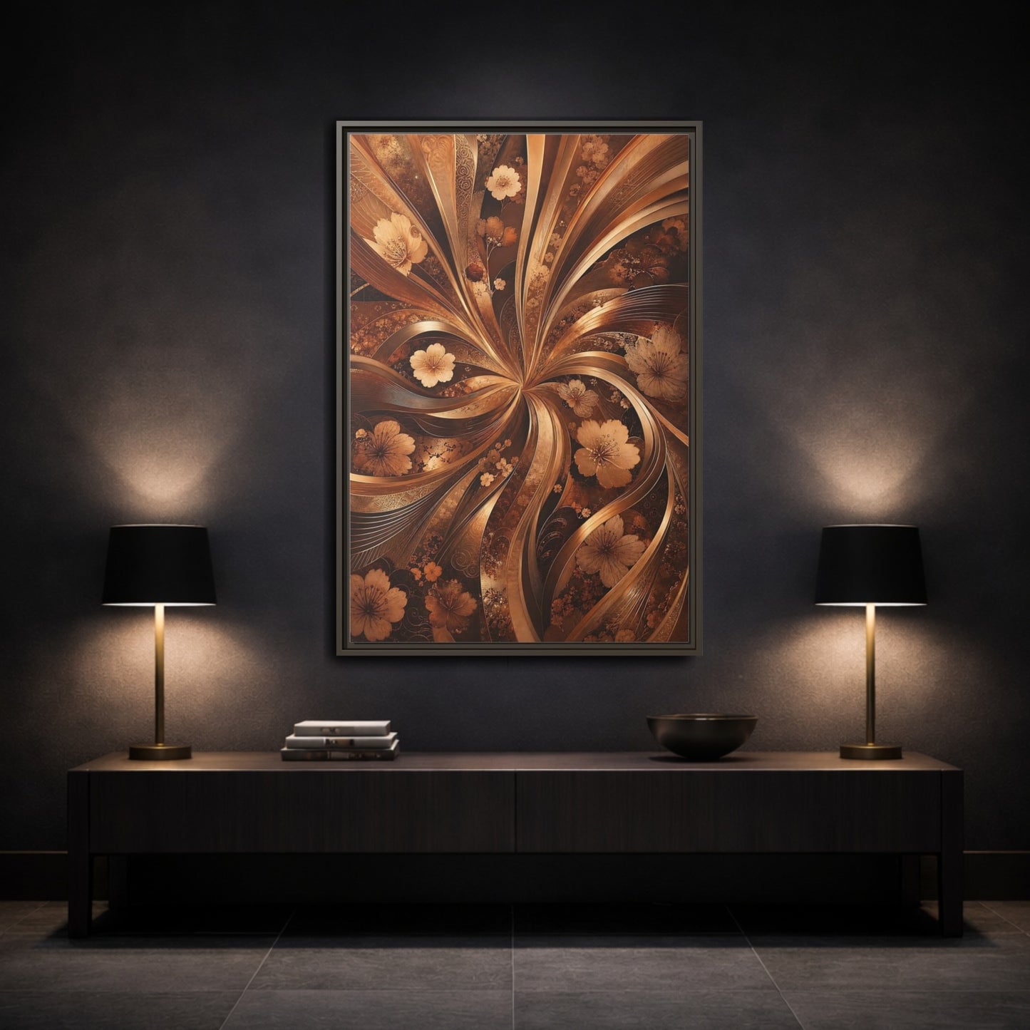 Mockup 3. Floral Flowers Brown Gold Floral shown as stretched canvas wall art