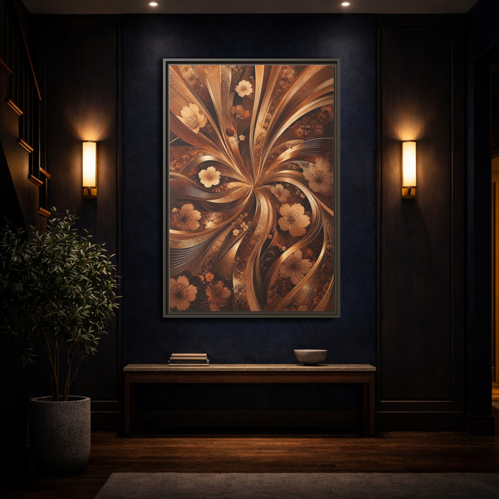 Mockup 4. Floral Flowers Brown Gold Floral shown as stretched canvas wall art