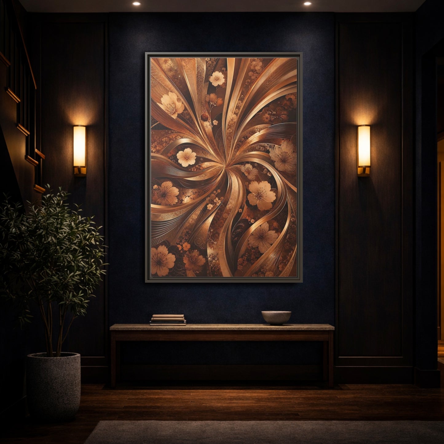 Mockup 4. Floral Flowers Brown Gold Floral shown as stretched canvas wall art