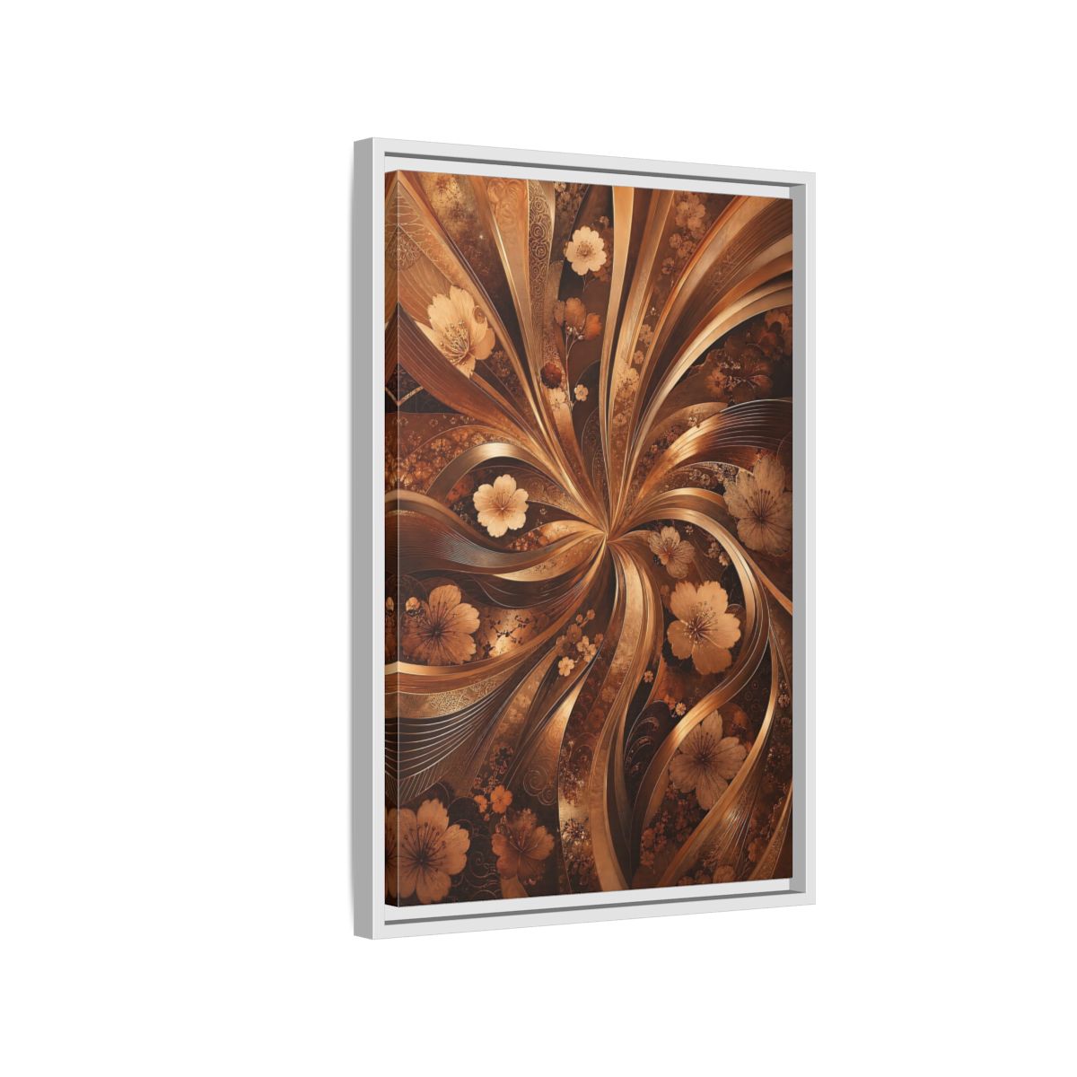 Side Mockup 1. Floral Flowers Brown Gold Floral shown as stretched canvas wall art