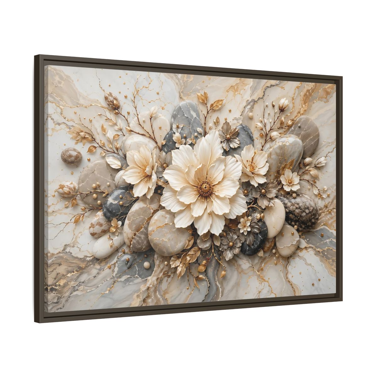 Main Mockup. Floral Flowers Cream Grey Gold shown as stretched canvas wall art