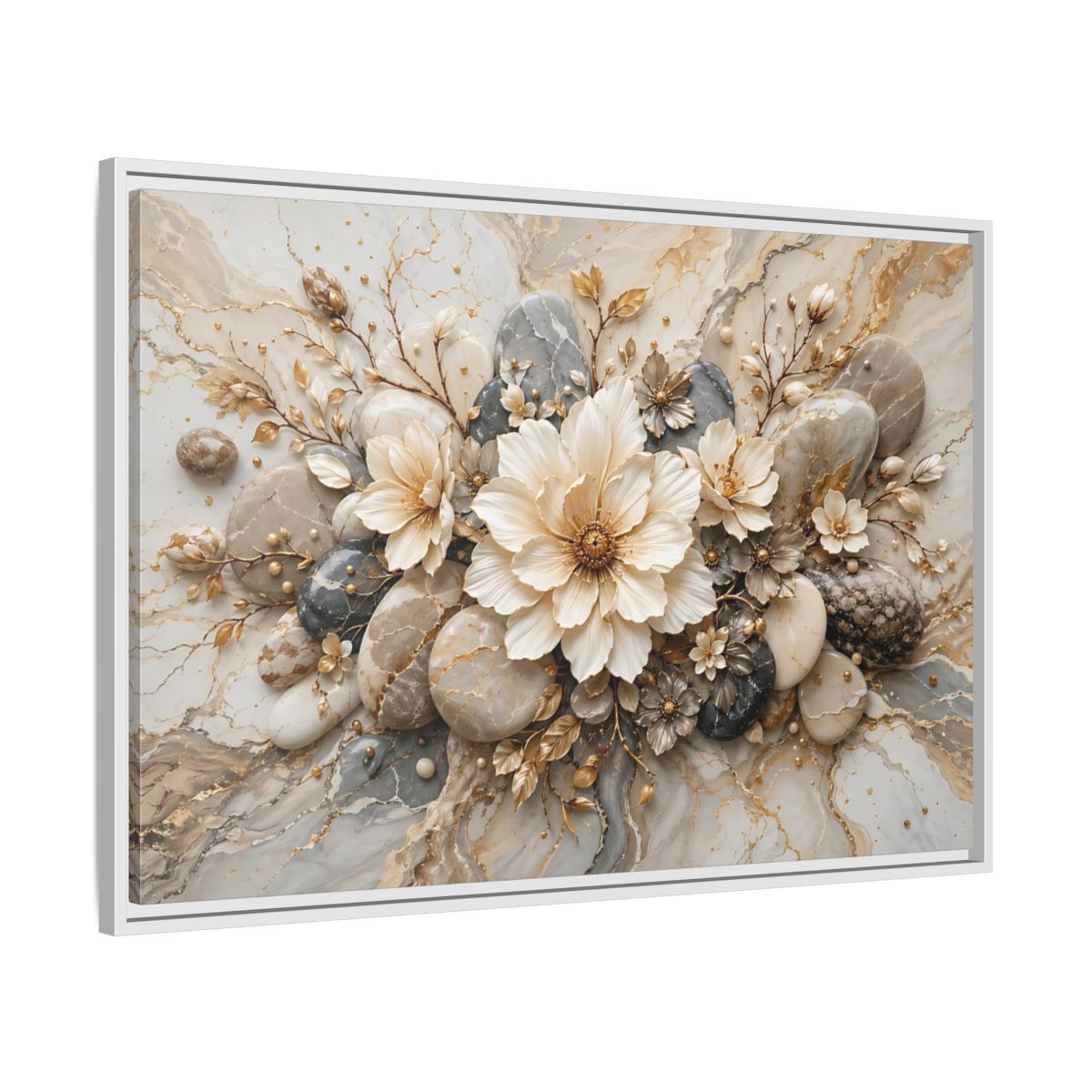 Side Mockup 9. Floral Flowers Cream Grey Gold shown as stretched canvas wall art