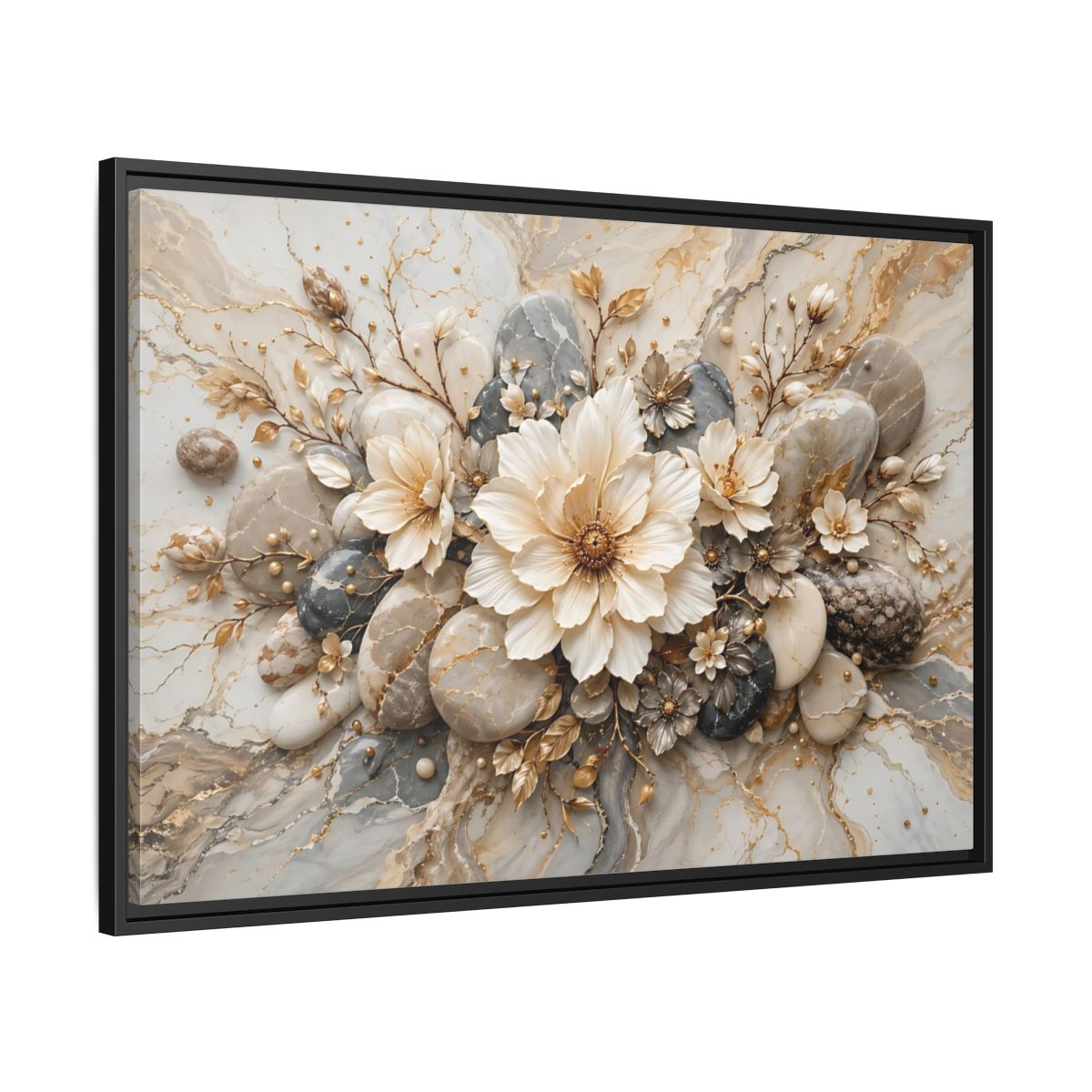 Side Mockup 13. Floral Flowers Cream Grey Gold shown as stretched canvas wall art