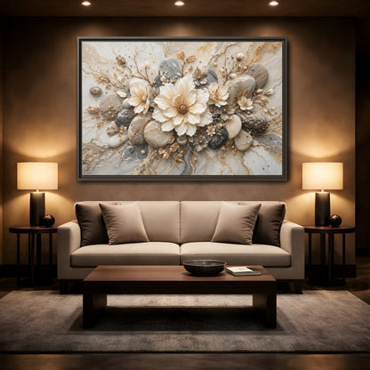 Mockup 2. Floral Flowers Cream Grey Gold shown as stretched canvas wall art