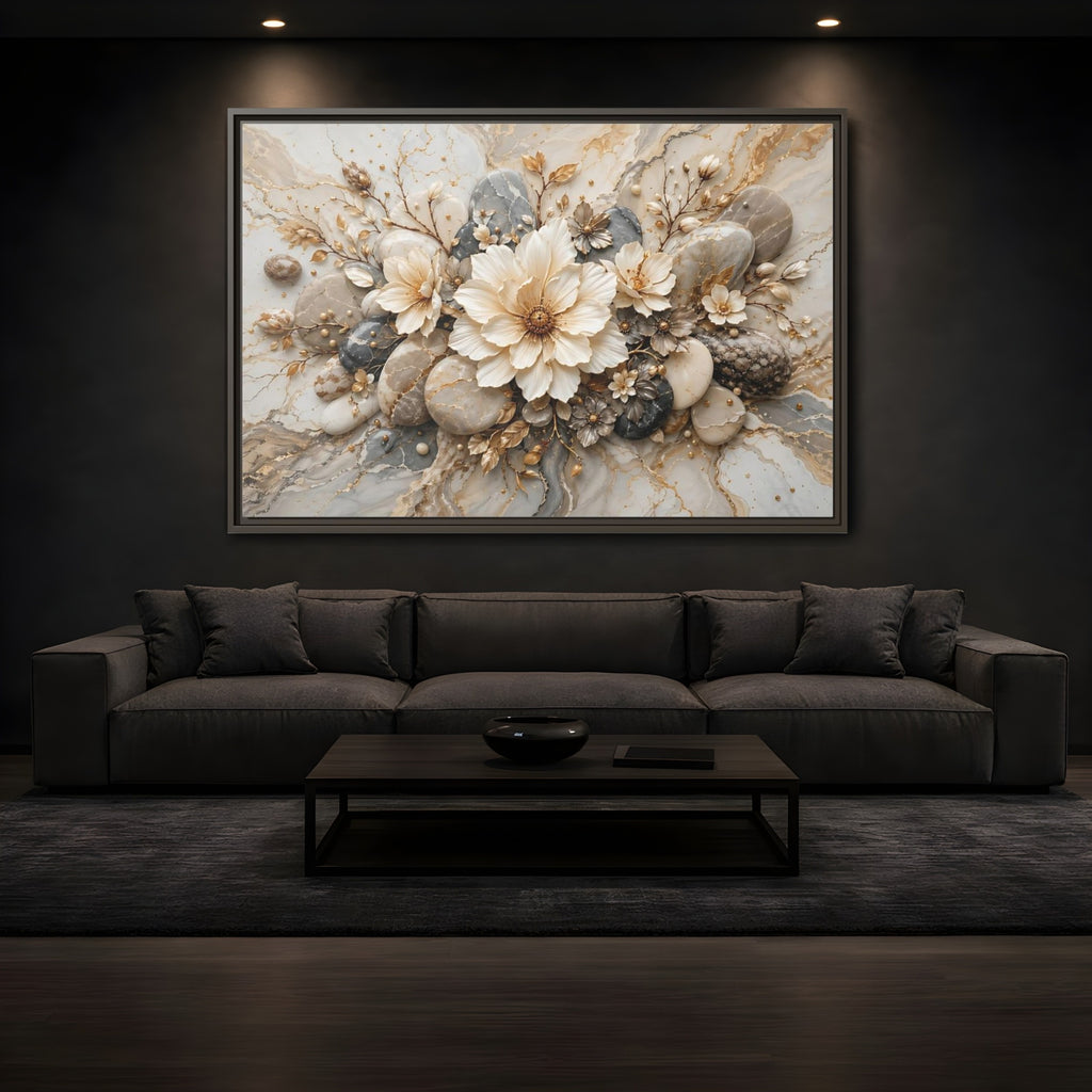 Mockup 3. Floral Flowers Cream Grey Gold shown as stretched canvas wall art