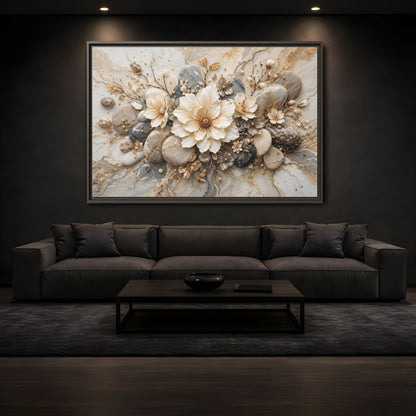 Mockup 3. Floral Flowers Cream Grey Gold shown as stretched canvas wall art
