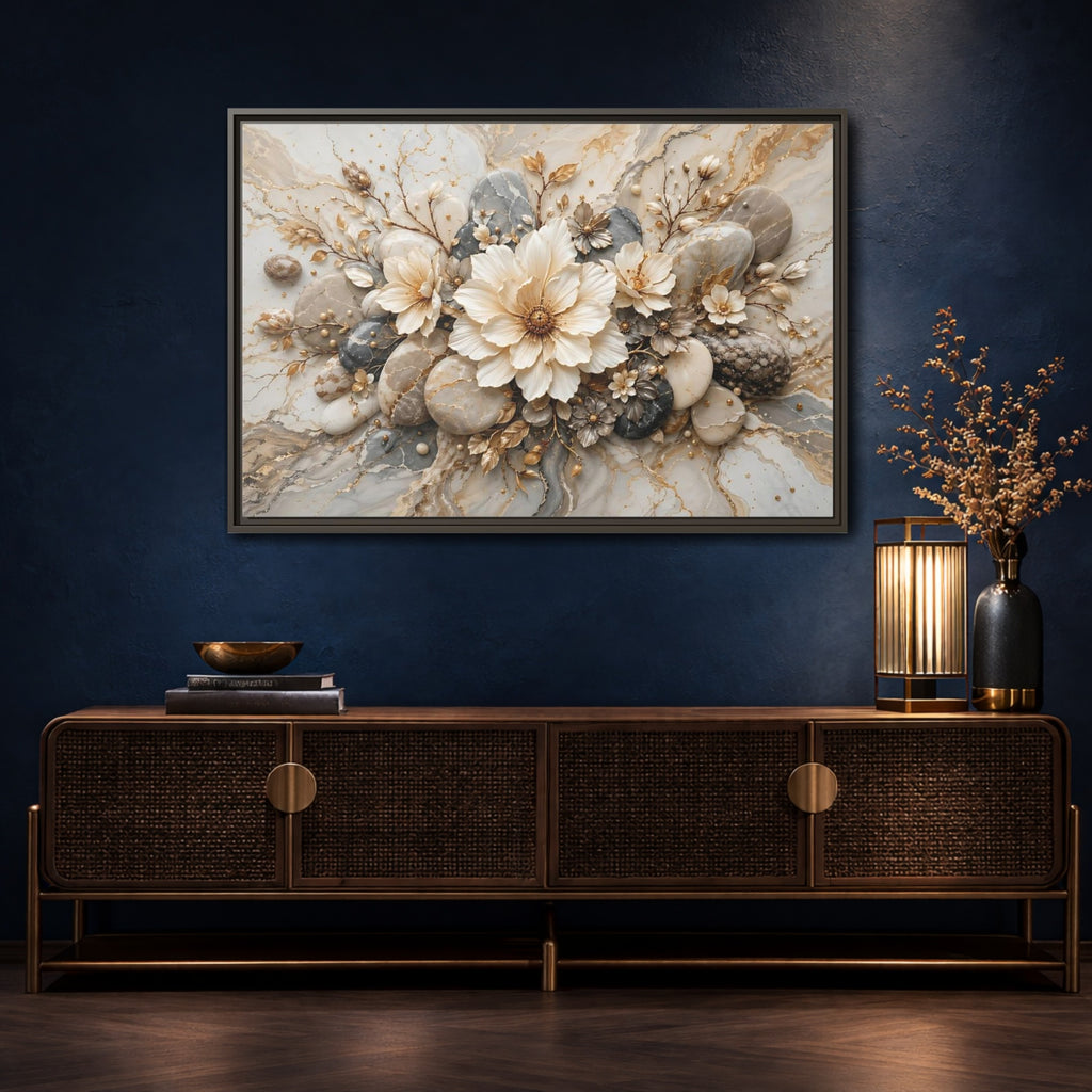 Mockup 4. Floral Flowers Cream Grey Gold shown as stretched canvas wall art