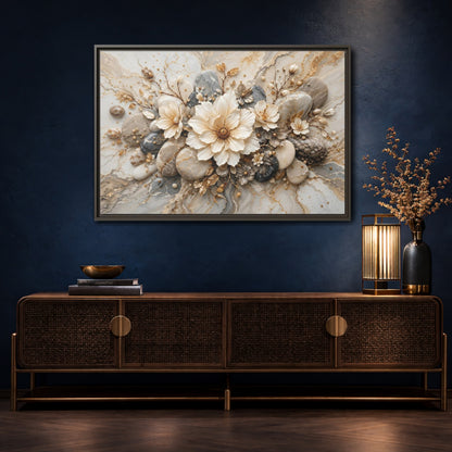 Mockup 4. Floral Flowers Cream Grey Gold shown as stretched canvas wall art
