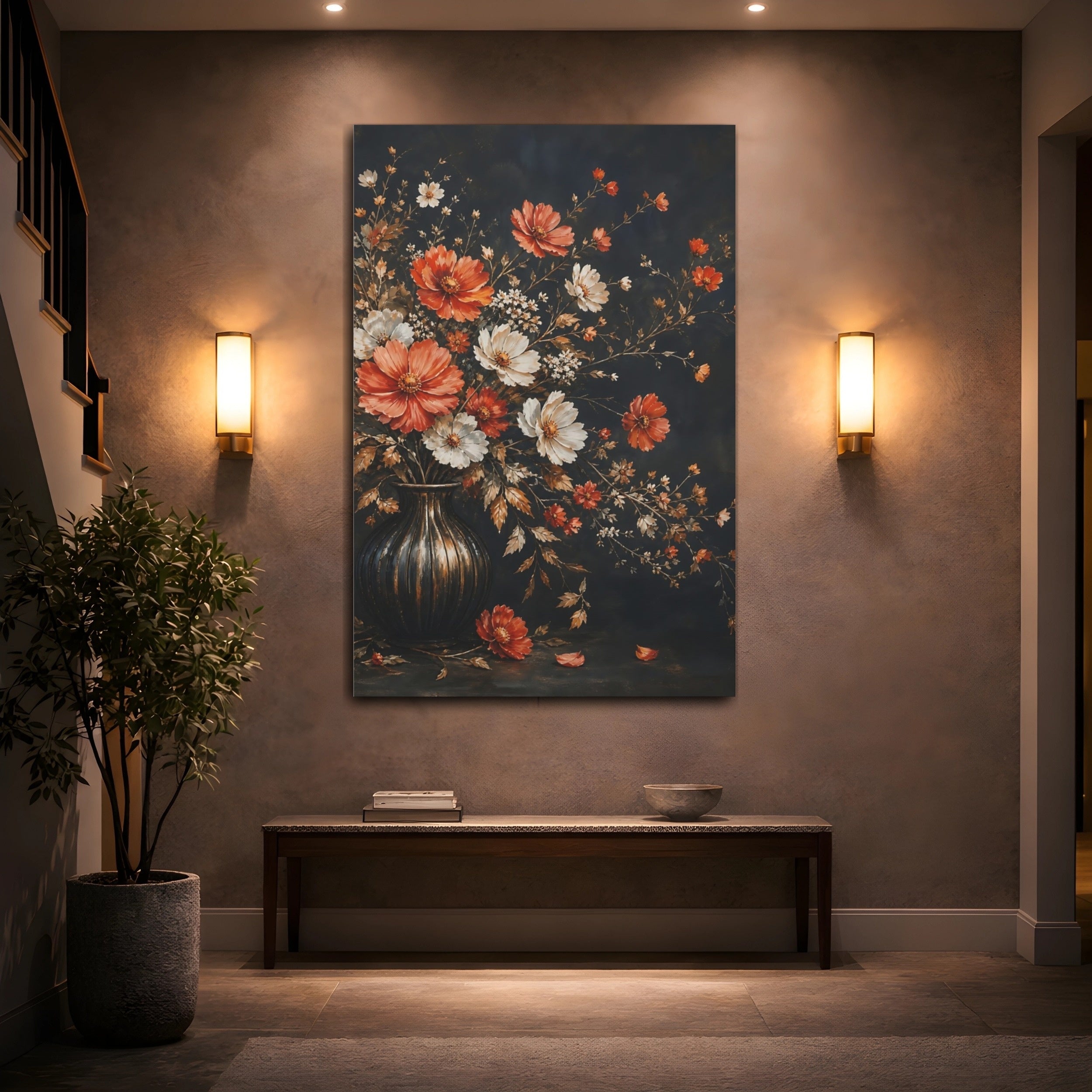 Mockup 2. Floral Flowers Dark Floral shown as stretched canvas wall art