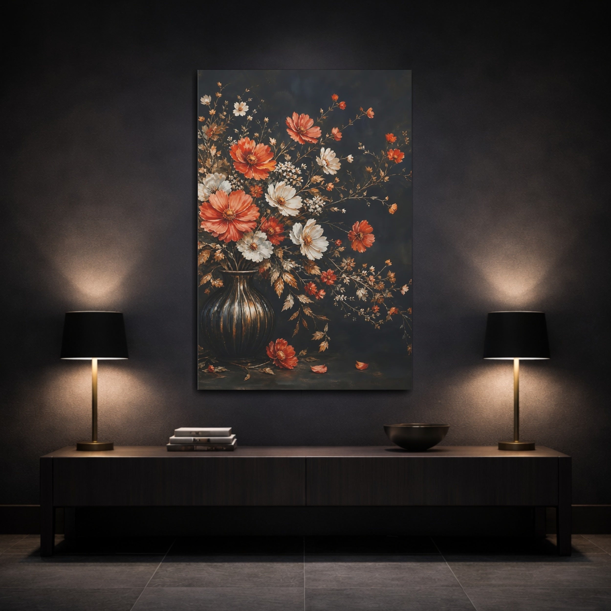 Mockup 3. Floral Flowers Dark Floral shown as stretched canvas wall art