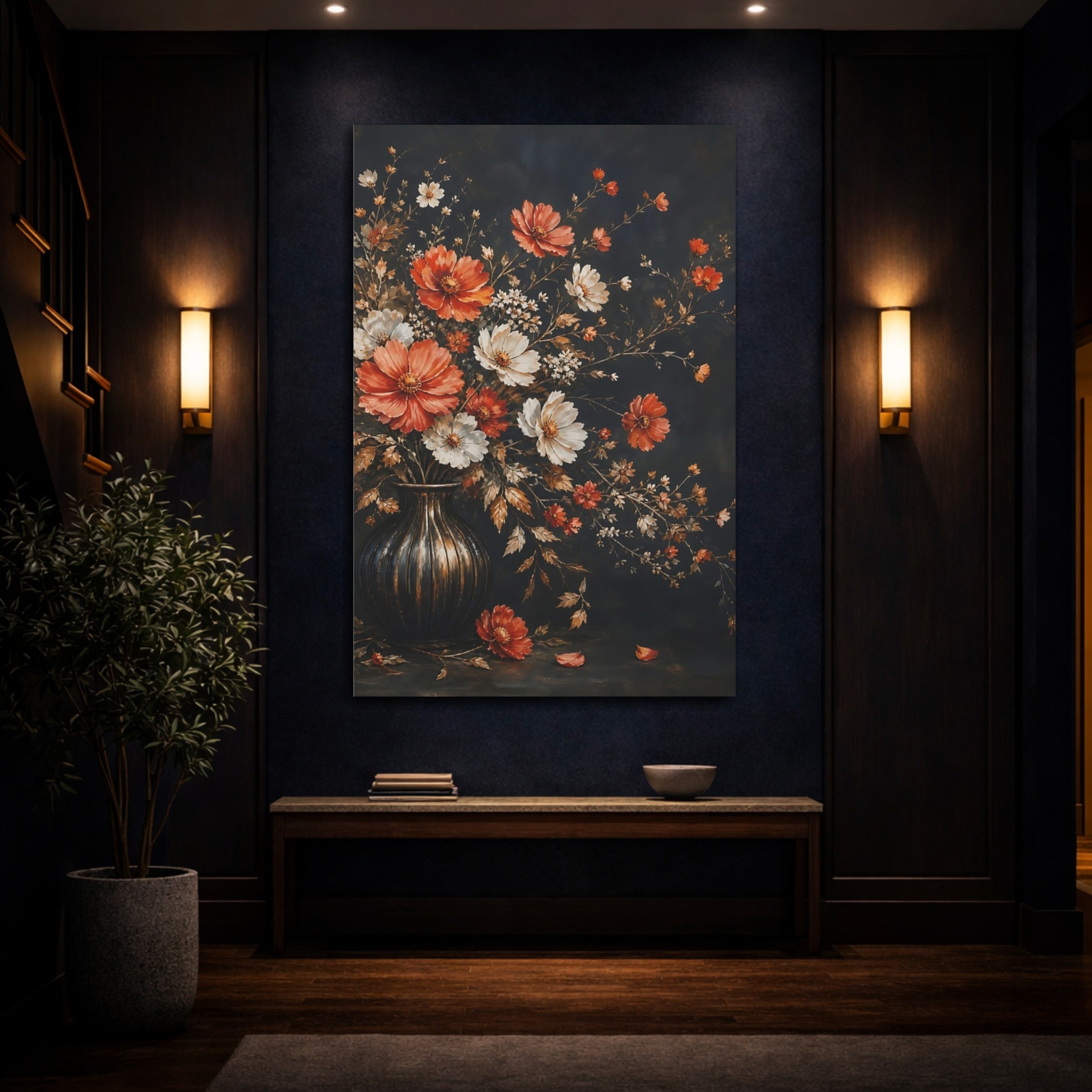 Mockup 4. Floral Flowers Dark Floral shown as stretched canvas wall art