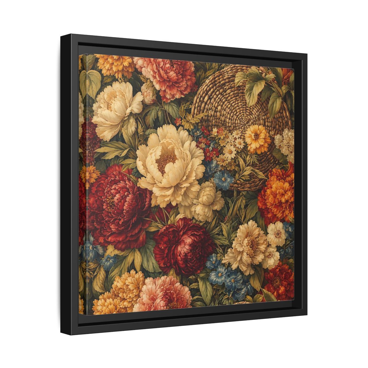 Side Mockup 32. Floral Flowers Multi-Color Floral Basket shown as stretched canvas wall art