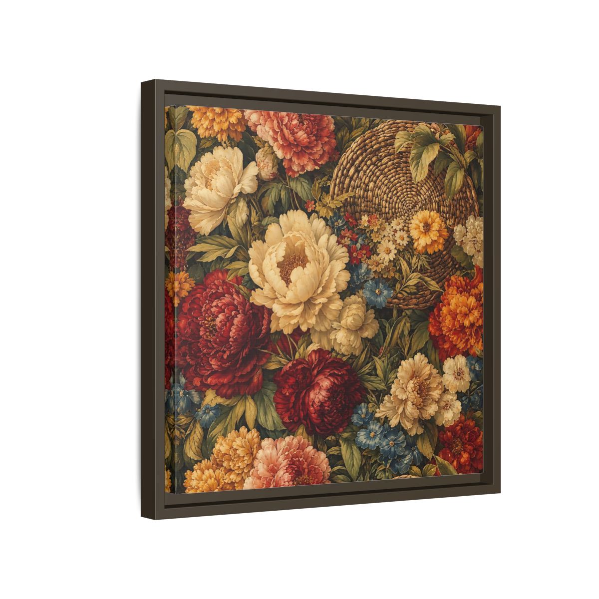 Side Mockup 14. Floral Flowers Multi-Color Floral Basket shown as stretched canvas wall art