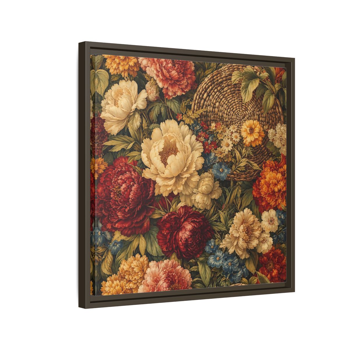 Side Mockup 11. Floral Flowers Multi-Color Floral Basket shown as stretched canvas wall art