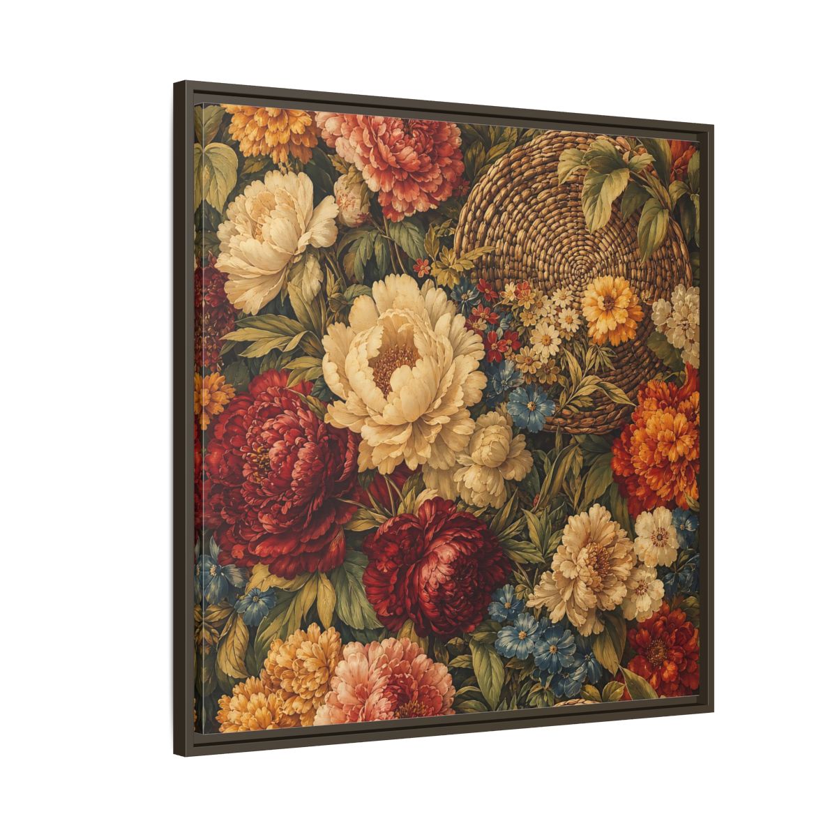 Side Mockup 8. Floral Flowers Multi-Color Floral Basket shown as stretched canvas wall art