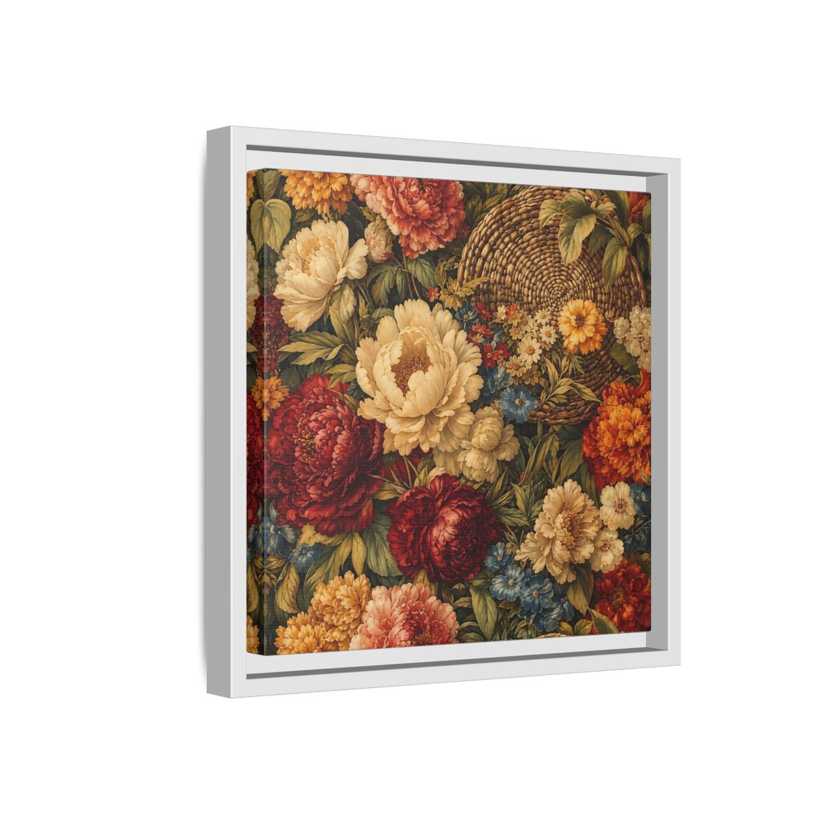 Side Mockup 16. Floral Flowers Multi-Color Floral Basket shown as stretched canvas wall art