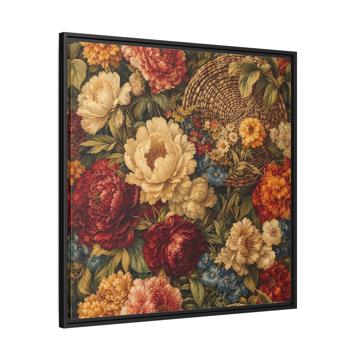 Side Mockup 30. Floral Flowers Multi-Color Floral Basket shown as stretched canvas wall art