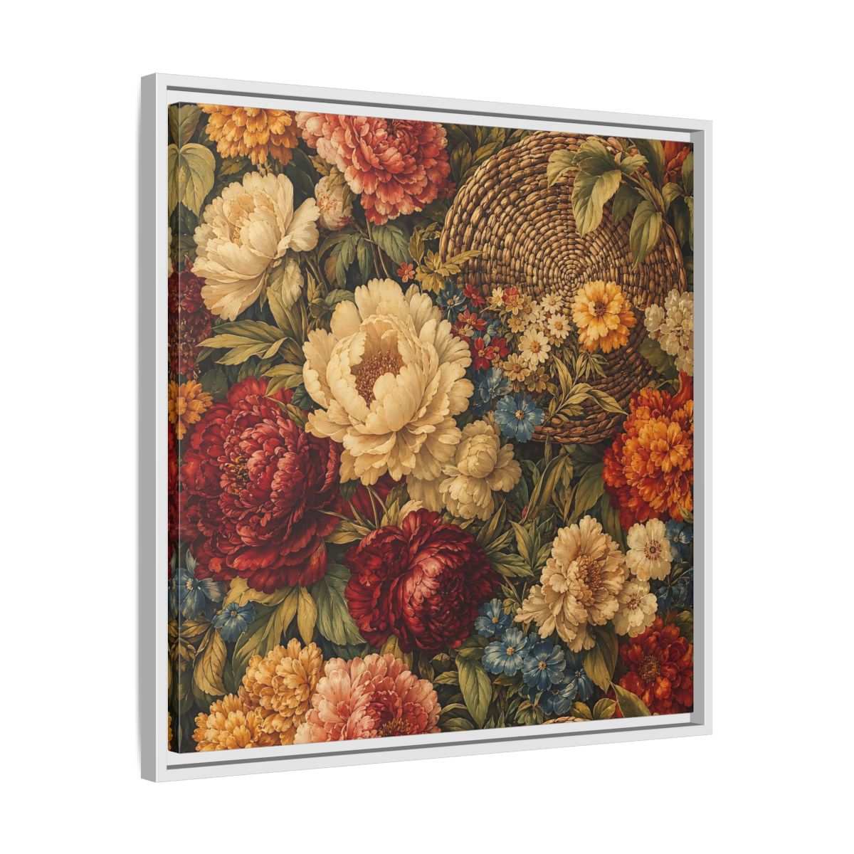 Side Mockup 26. Floral Flowers Multi-Color Floral Basket shown as stretched canvas wall art