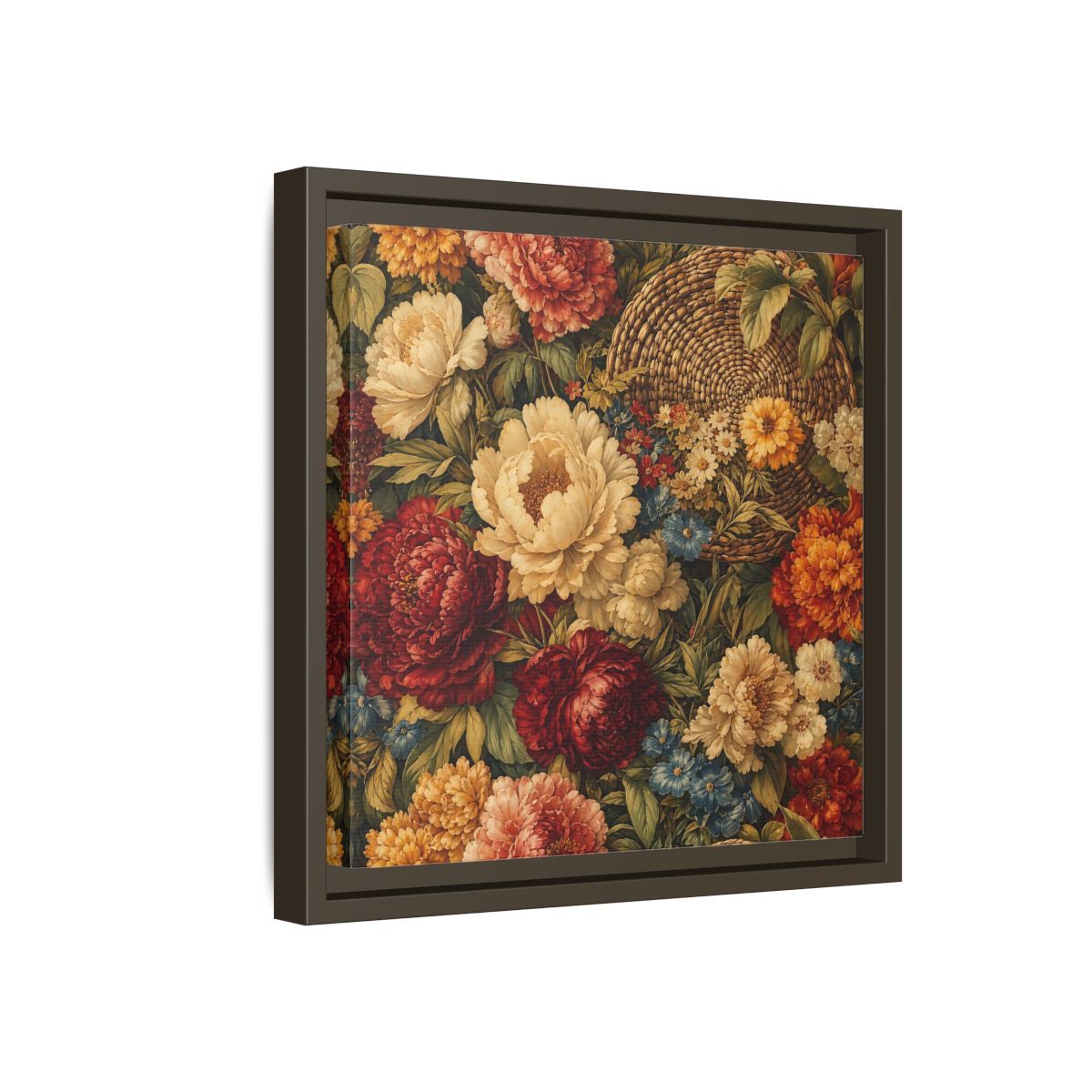 Side Mockup 17. Floral Flowers Multi-Color Floral Basket shown as stretched canvas wall art