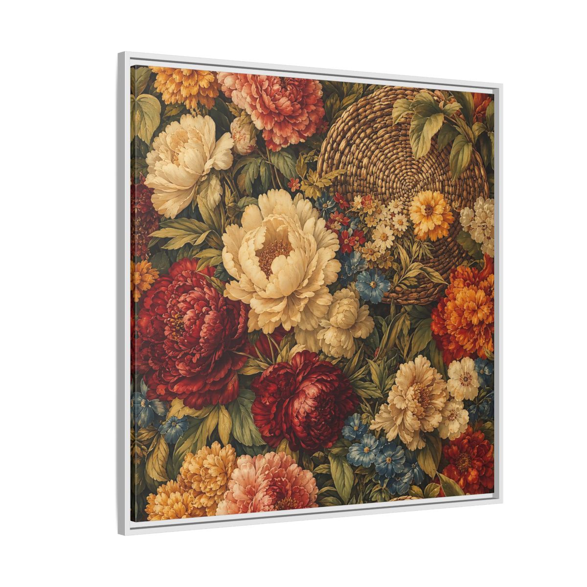 Side Mockup 4. Floral Flowers Multi-Color Floral Basket shown as stretched canvas wall art