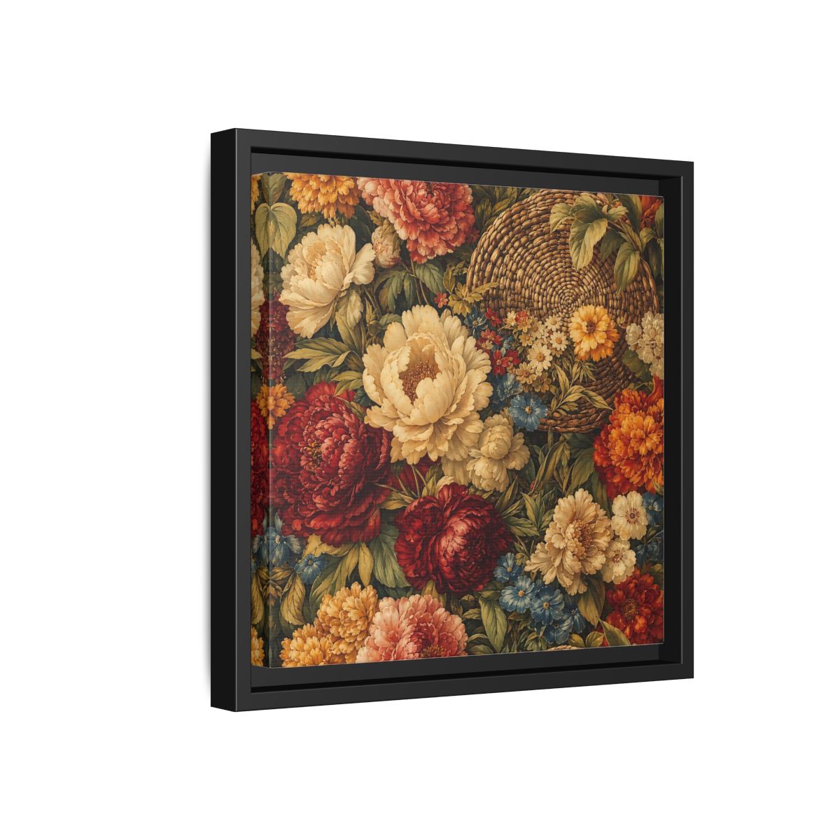 Side Mockup 18. Floral Flowers Multi-Color Floral Basket shown as stretched canvas wall art