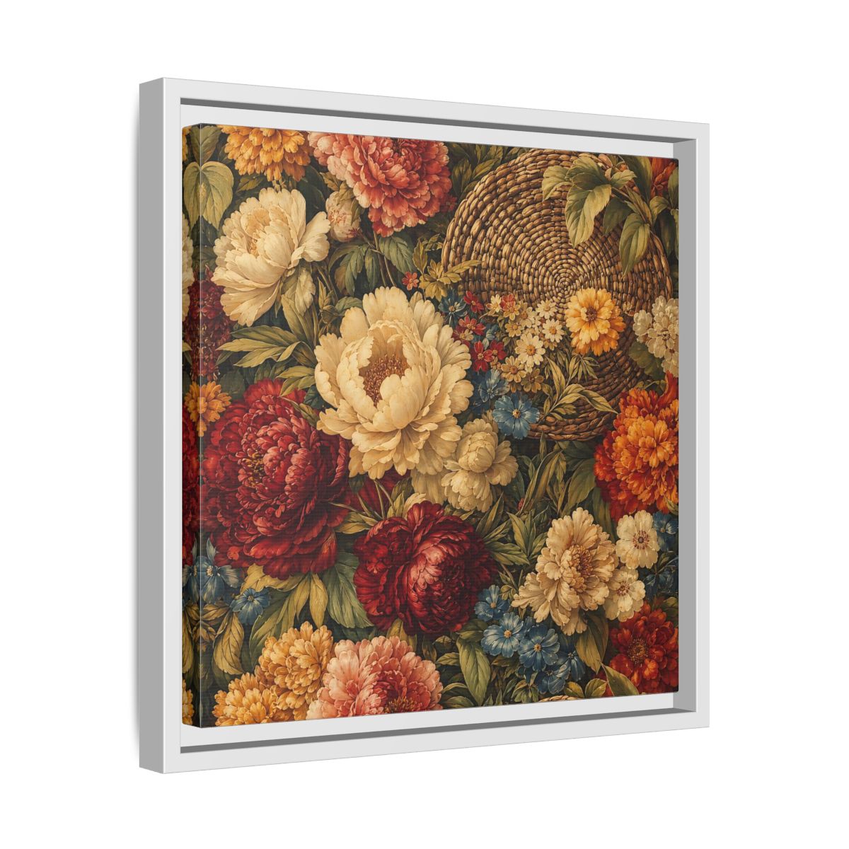 Side Mockup 28. Floral Flowers Multi-Color Floral Basket shown as stretched canvas wall art