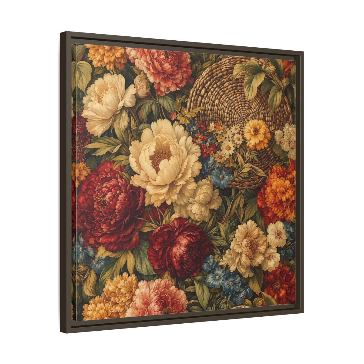 Side Mockup 27. Floral Flowers Multi-Color Floral Basket shown as stretched canvas wall art