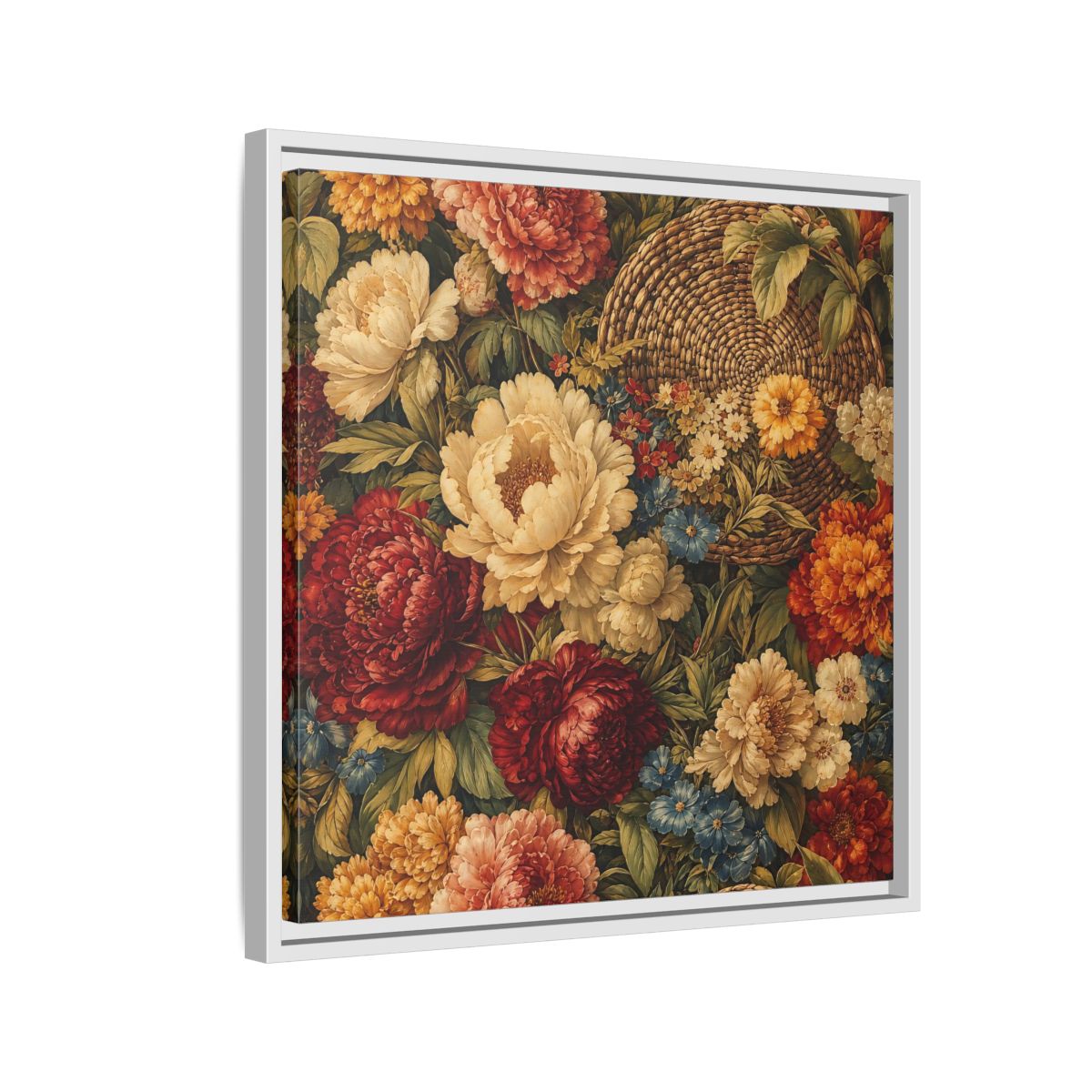 Side Mockup 10. Floral Flowers Multi-Color Floral Basket shown as stretched canvas wall art