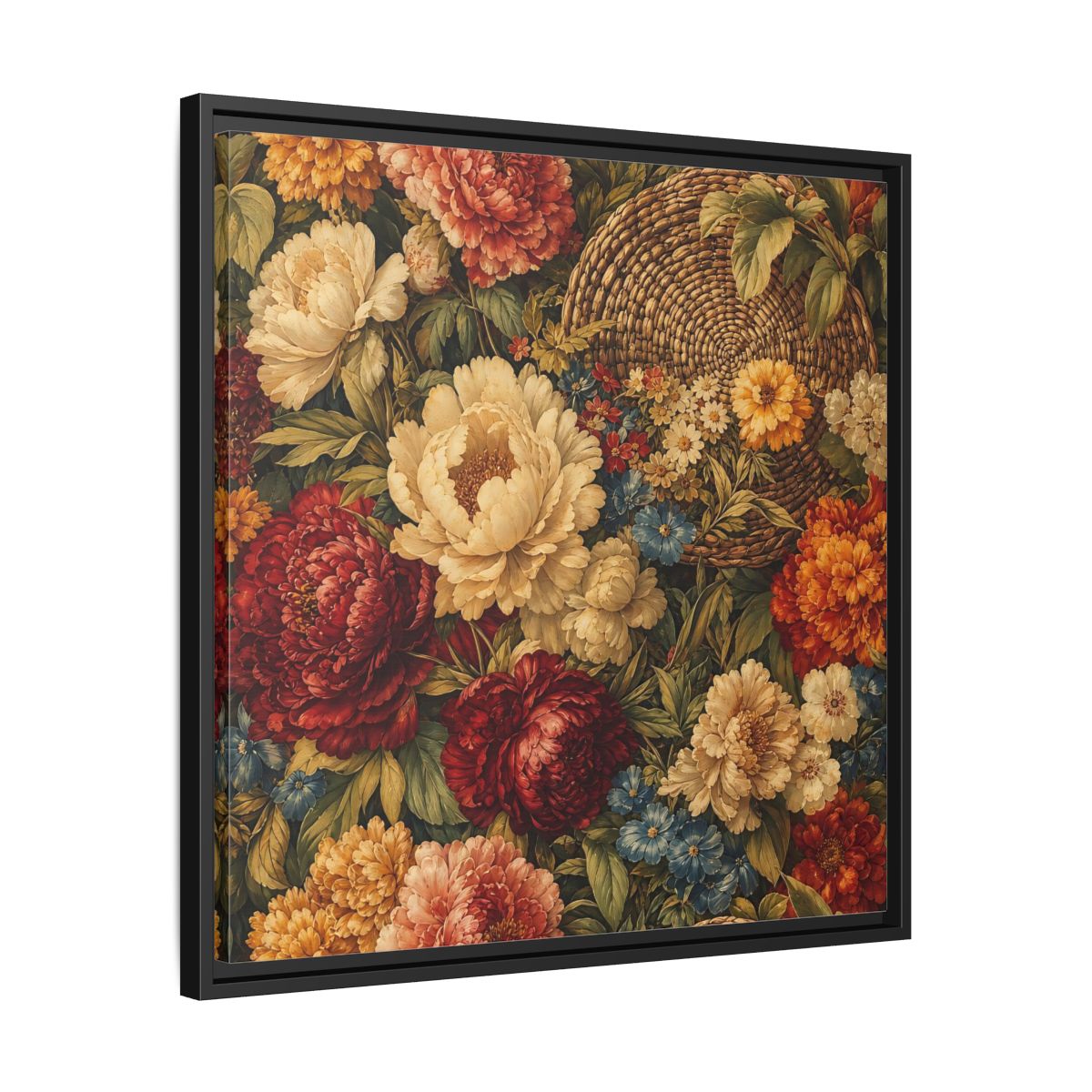 Side Mockup 31. Floral Flowers Multi-Color Floral Basket shown as stretched canvas wall art