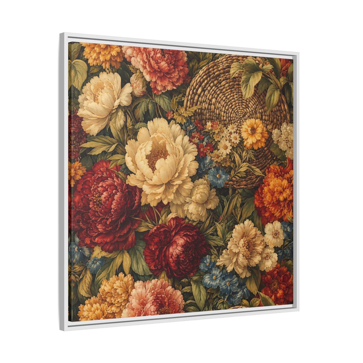 Side Mockup 25. Floral Flowers Multi-Color Floral Basket shown as stretched canvas wall art