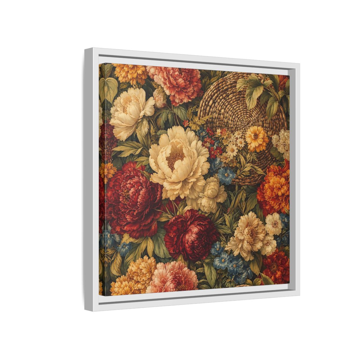 Side Mockup 13. Floral Flowers Multi-Color Floral Basket shown as stretched canvas wall art