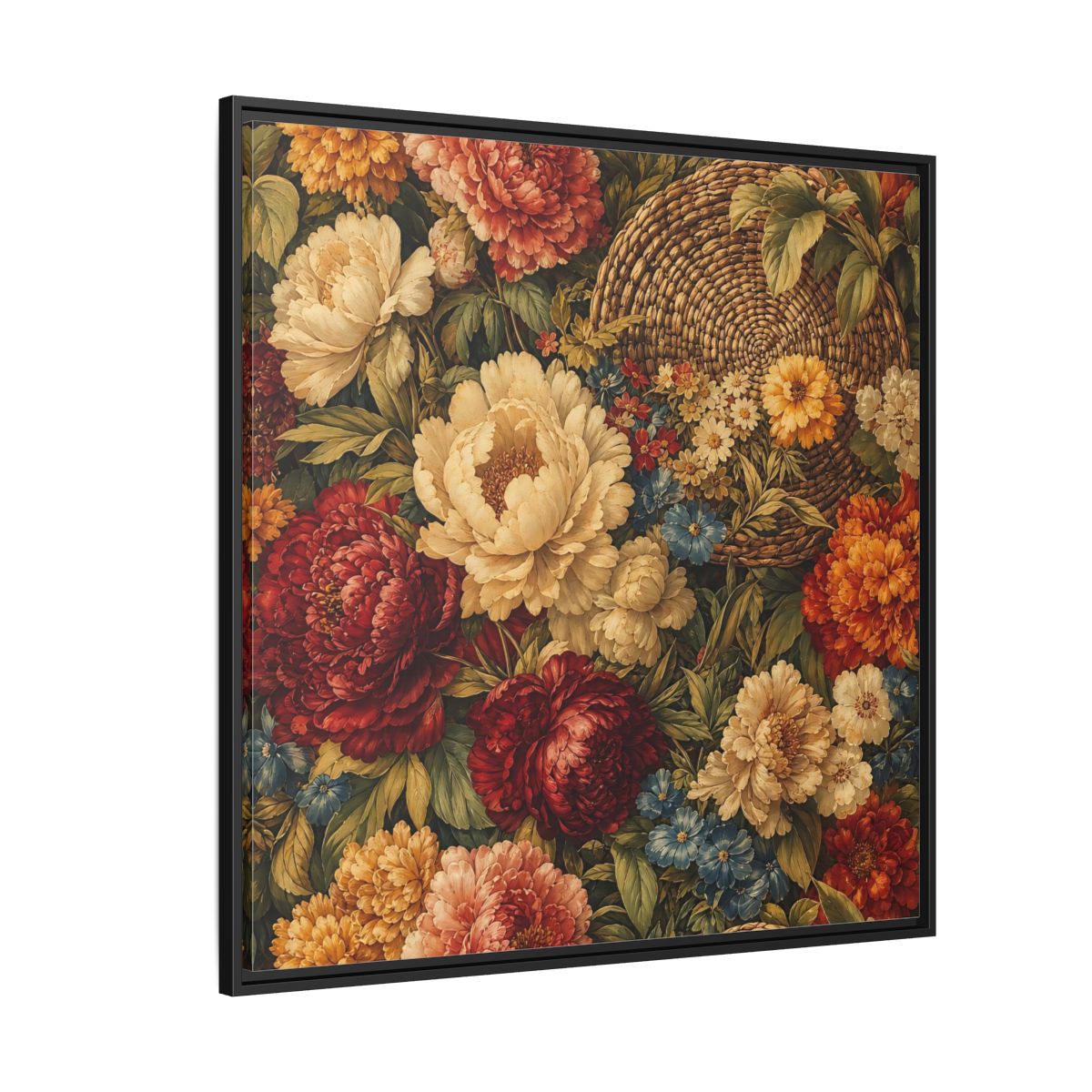 Side Mockup 6. Floral Flowers Multi-Color Floral Basket shown as stretched canvas wall art